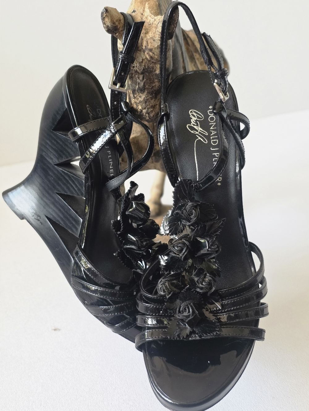 Donald J Pliner Black Patent Sculptural Wedge 3D Floral Rosette Sandal